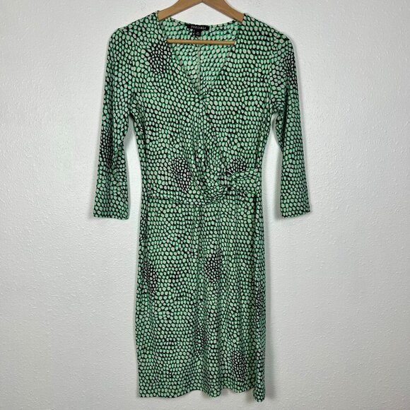 ROZ & ALI Green, white, and Black Geometric Print Faux Wrap Office Dress Size XS - Picture 2 of 10